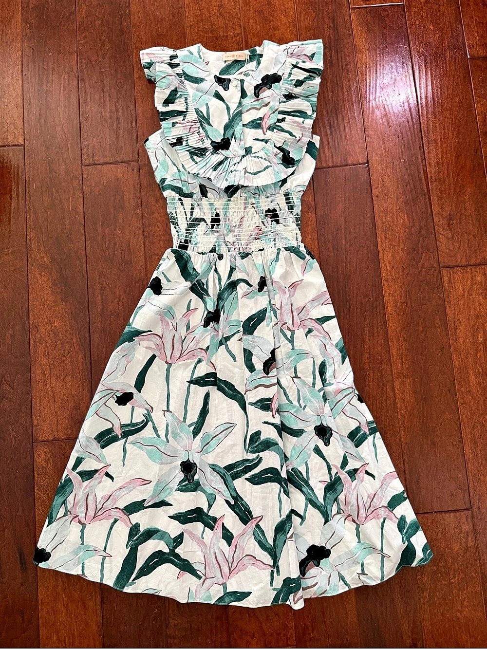 Tory Burch Smocked Printed Dress Floral Midi Dress in White & Green Size 4 NWT